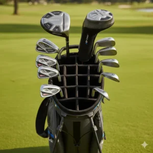 A view from the top of the best hybrid golf bag, illustrating its full-length divider system that keeps golf clubs organized and prevents them from tangling.