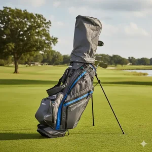 An image showing a hybrid golf bag with its matching rain hood attached, protecting the clubs from wet weather conditions and providing all-weather functionality.