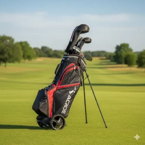 A hybrid stand and wheeled golf bag, illustrating how its built-in legs can be deployed for stable placement on the course.
