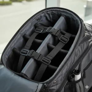 Open golf travel bag showing internal straps and padding that secure the clubs during transit.