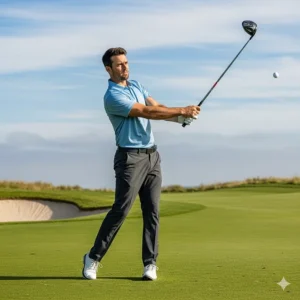 An intermediate golfer with a proper swing, demonstrating the use of a new, high-performance golf club.