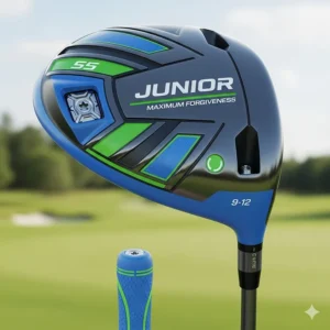 A close-up shot of a lightweight, oversized driver designed specifically for junior golfers ages 9 to 12.
