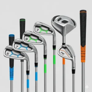 An illustration showing a complete set of junior golf irons for a 9-12 year old, including a pitching wedge and a sand wedge.
