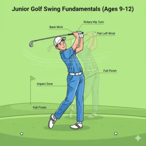 An image demonstrating proper golf swing technique using junior golf clubs, showing a young golfer from the 9-12 age bracket.