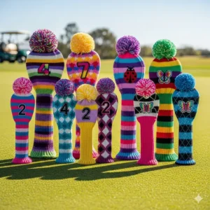 A collection of colorful knit golf club covers for ladies, including pom-pom accents and various stripe patterns.