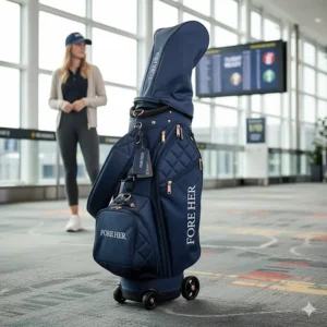A heavy-duty padded travel cover protecting a full set of ladies' golf bags ready for air travel.