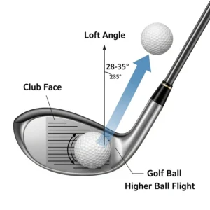 A diagram illustrating the ideal loft angle on a golf iron for women to achieve higher ball flight.