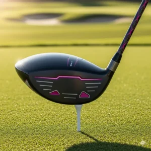 A close-up shot of a modern ladies golf driver with a lightweight, graphite shaft and a pink accent, resting on a tee on a golf course.