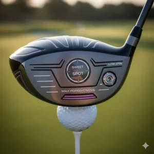 A detailed view of the oversized club head of a ladies golf driver, highlighting its large sweet spot and low-spin design for maximum forgiveness.