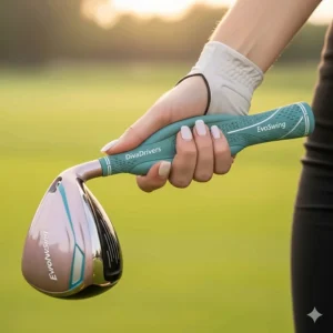 A photo of a woman's hand gripping a specially designed ladies golf driver, emphasizing the comfortable, ergonomic grip that enhances control.