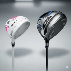 A side-by-side comparison of a ladies golf driver and a standard men's driver, showing the differences in head size, shaft length, and color options.