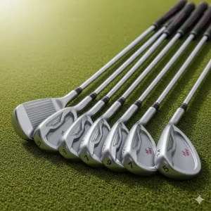 An image showing a set of women's petite golf irons, neatly arranged to display the different loft angles.