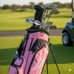 Close-up of a premium pink golf cart bag showing the 14-way divider top and sturdy handles for easy transport.
