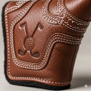 A close-up shot of a high-quality genuine leather golf putter headcover with detailed stitching and a premium feel.