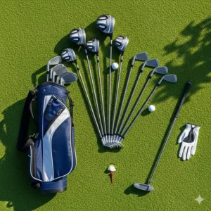 An overhead view of an affordable and lightweight golf club set for a beginner left-handed man, laid out on a green fairway.