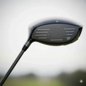 Close-up shot of a modern, oversized driver designed specifically for a left-handed golfer, highlighting the club face and shaft.