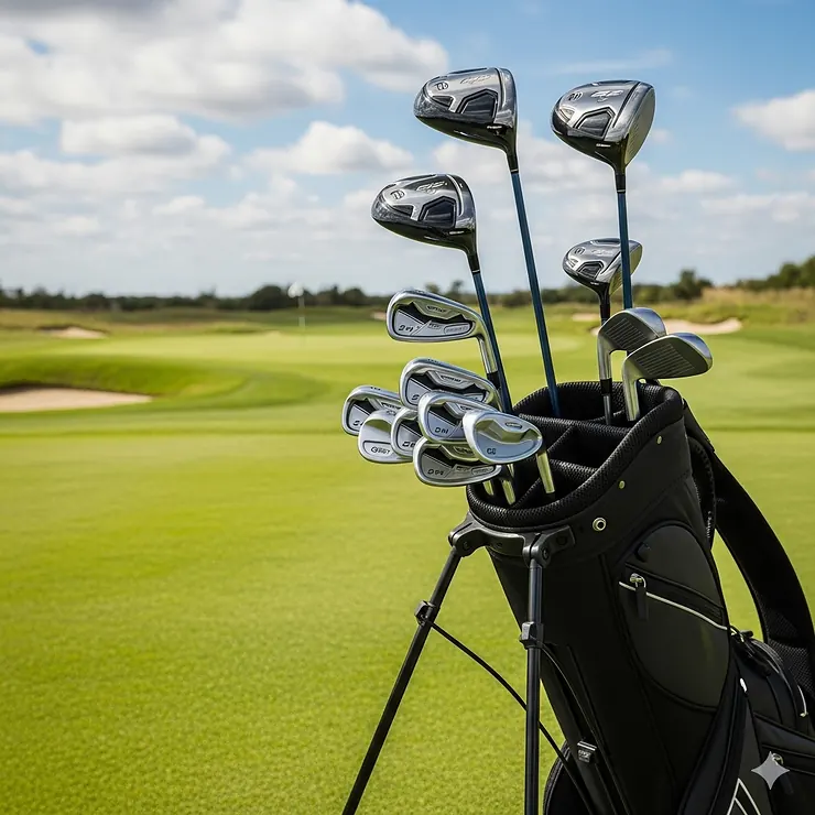 A high-quality photo of a complete new set of left-handed men's golf clubs, featuring woods, irons, a putter, and a stand bag, ready for a day on the course. left handed golf club sets men
