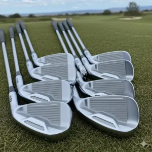 A clear image of a complete set of left-handed golf irons, from 4-iron through pitching wedge, showcasing their cavity-back design for forgiveness.