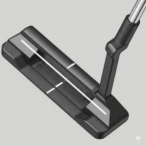 An illustration of a mallet-style putter tailored for a left-handed man, emphasizing the alignment aid on the clubhead for better accuracy.