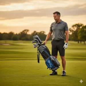A person easily lifting a lightweight backpack golf bag with one hand to demonstrate its portability.