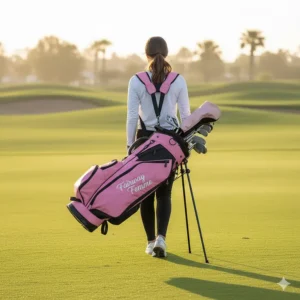 Golfer carrying a lightweight pink stand bag with dual straps for comfort and retractable legs deployed on the fairway.