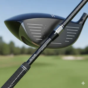 A close-up shot of a lightweight golf driver, highlighting its graphite shaft and large, forgiving clubface designed to help senior golfers with slower swing speeds hit longer, straighter shots.