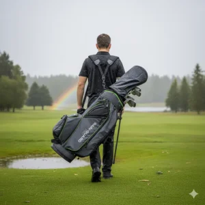 Lightweight waterproof golf bag being carried comfortably by a golfer.