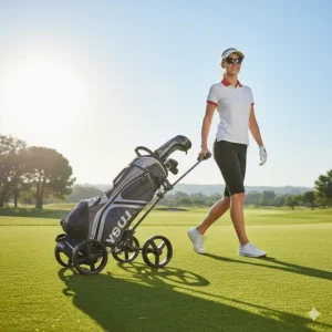 A person effortlessly pulling a lightweight, wheeled golf bag across a fairway, demonstrating its easy portability.