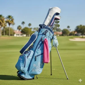 A stylish, lightweight stand golf bag in a light blue color, an essential piece of women's golf accessories for carrying clubs and gear.