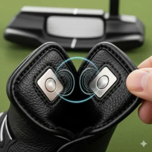 An image highlighting a magnetic closure on a golf putter headcover, showing how the magnets snap together for a secure fit.