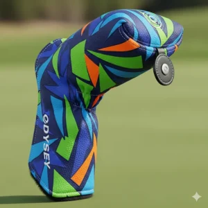 A colorful, oversized mallet putter headcover with a magnetic closure, designed for a modern Odyssey mallet putter.