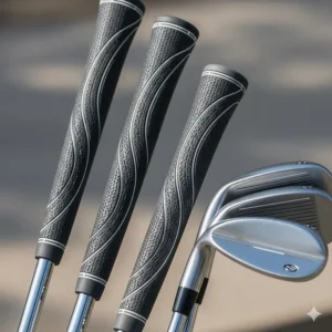A close-up view of the ergonomic, non-slip rubber grips on a set of men's right-handed golf clubs.