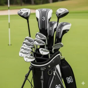 A comprehensive image of a complete men's right-handed package golf set, including the clubs, bag, and matching headcovers.