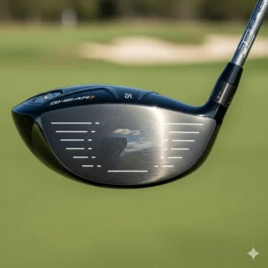 Close-up of a new men's right-handed driver, highlighting its clubface and lightweight graphite shaft.