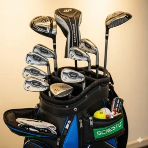 A vibrant image of a full men's right-handed golf club set inside a sleek golf bag with dividers and pockets.