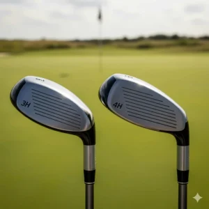 An image of two men's right-handed hybrid golf clubs, a 3H and 4H, showing how they combine the features of irons and fairway woods.