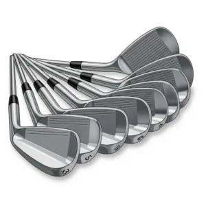 An illustration of a set of men's right-handed golf irons, from 3-iron to pitching wedge, showing their different lofts and clubheads.