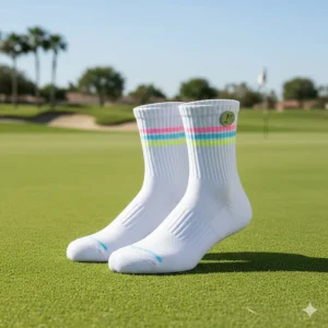 A pair of white, moisture-wicking and cushioned women's golf socks, offering performance and comfort throughout a round of golf.