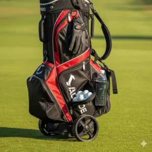 An illustration of a golf bag with wheels, emphasizing its multiple pockets for storing balls, tees, and other accessories.