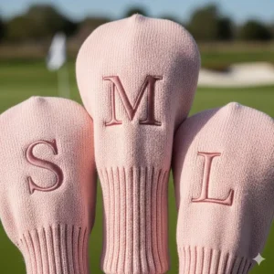 Close-up of personalized golf club covers for women, showcasing a monogrammed initial on a pastel pink knit fabric.