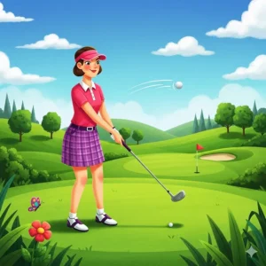 An illustration of a woman using a petite golf club to hit a ball on a lush green golf course.