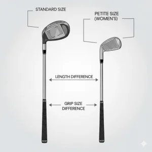 A size chart comparing standard and petite women's golf club lengths and weights.