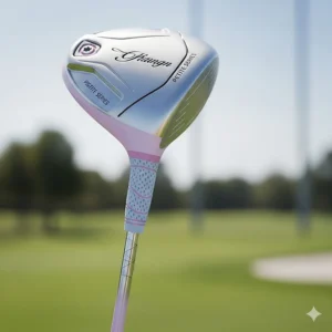 A close-up shot of a petite women's golf club driver, highlighting its lightweight design and smaller grip.