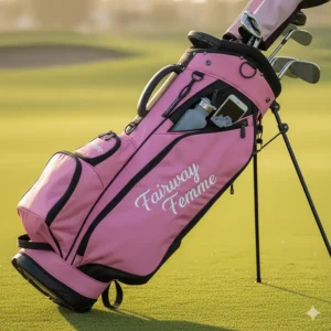 Detailed view of the multiple storage pockets on a pink golf bag, including the insulated cooler pocket and velour-lined valuables pouch.