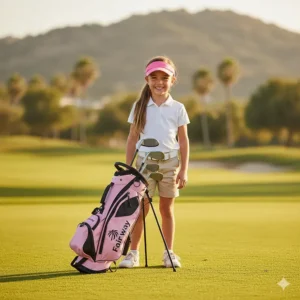 A smaller, durable pink junior golf bag sized perfectly for young golfers learning the game.