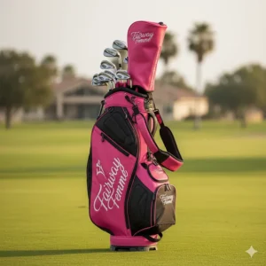 Professional-style large pink tour staff golf bag with branding space and a heavy-duty base for maximum stability.