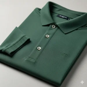 An image of a green golf polo with a subtle brand logo embroidered on the chest.