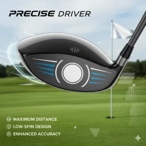 Close-up of a high-performance golf driver from a precise golf set, highlighting the large sweet spot and low-spin design for maximum distance and accuracy off the tee.
