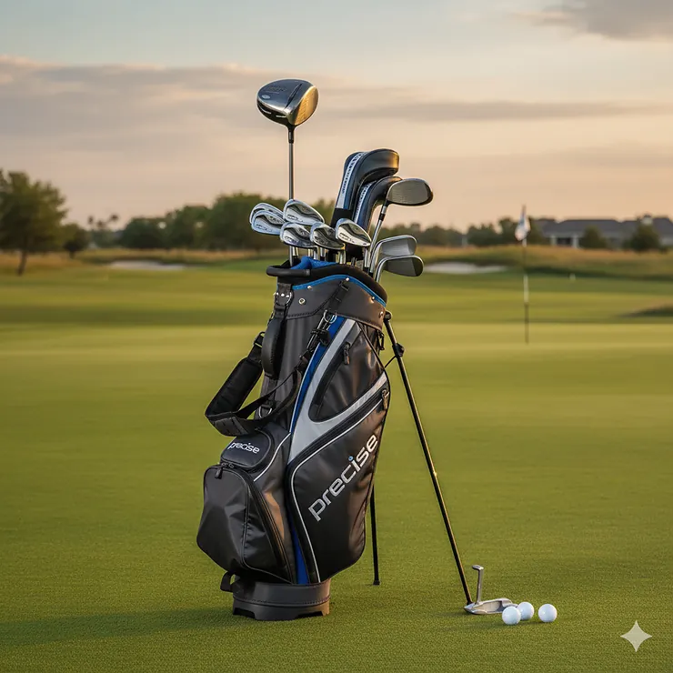 A full, comprehensive precise golf set, including drivers, irons, wedges, and a putter, arranged neatly in a premium golf bag, ready for a day on the course.