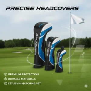 A selection of matching headcovers for a precise golf set, protecting the driver, fairway woods, and hybrids from scuffs and damage in the bag.